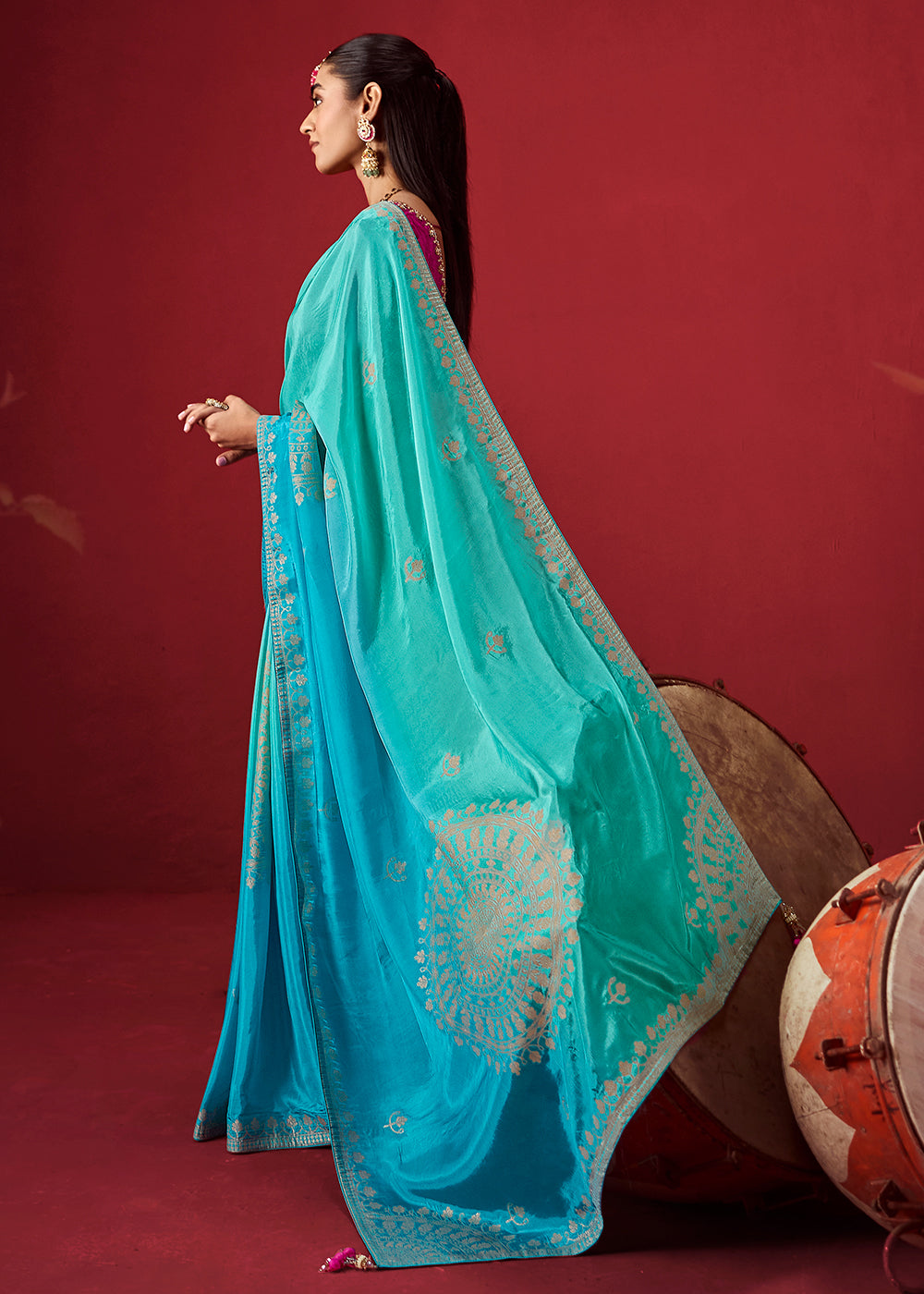 Buy Now Rich Shaded Sea Blue Dola Crape Silk Festive Designer Saree Online in US, UK, Canada, France, Germany, Denmark, Sweden, Austria &amp; Worldwide at Empress.
