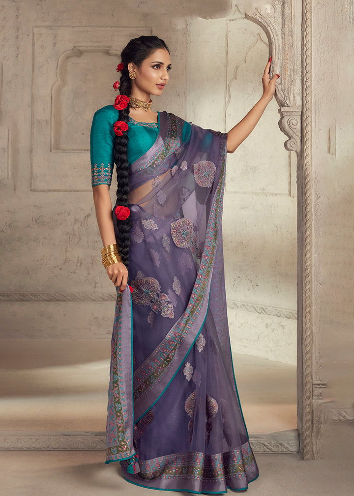 Buy Now Purple Soft Organza Brasso Embroidered Wedding Festive Saree Online in USA, UK, Canada & Worldwide at Empress Clothing.