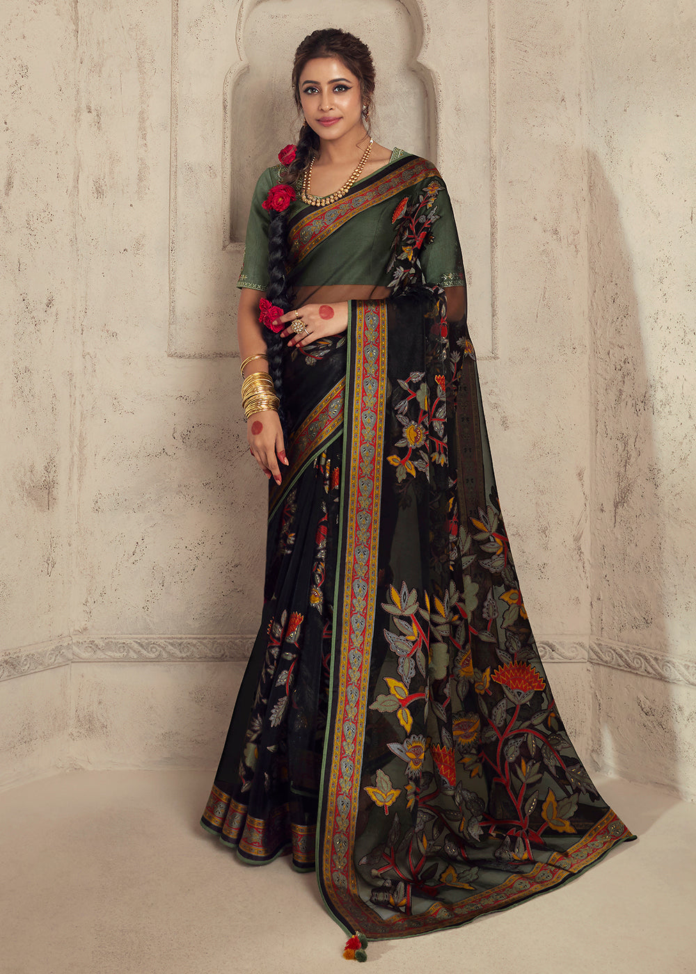 Buy Now Black Soft Organza Brasso Embroidered Wedding Festive Saree Online in USA, UK, Canada & Worldwide at Empress Clothing.