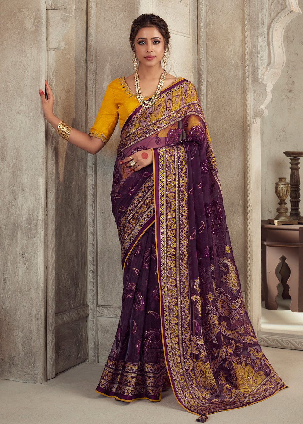 Buy Now Plum Soft Organza Brasso Embroidered Wedding Festive Saree Online in USA, UK, Canada & Worldwide at Empress Clothing.