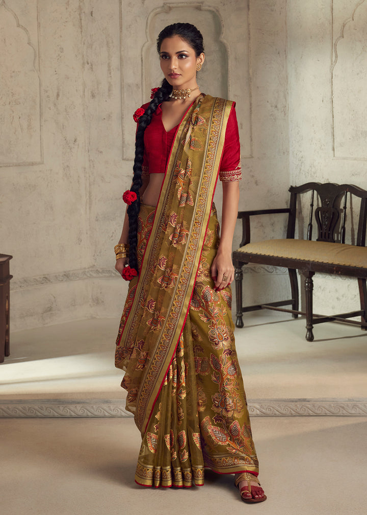 Buy Now Brown Soft Organza Brasso Embroidered Wedding Festive Saree Online in USA, UK, Canada & Worldwide at Empress Clothing.