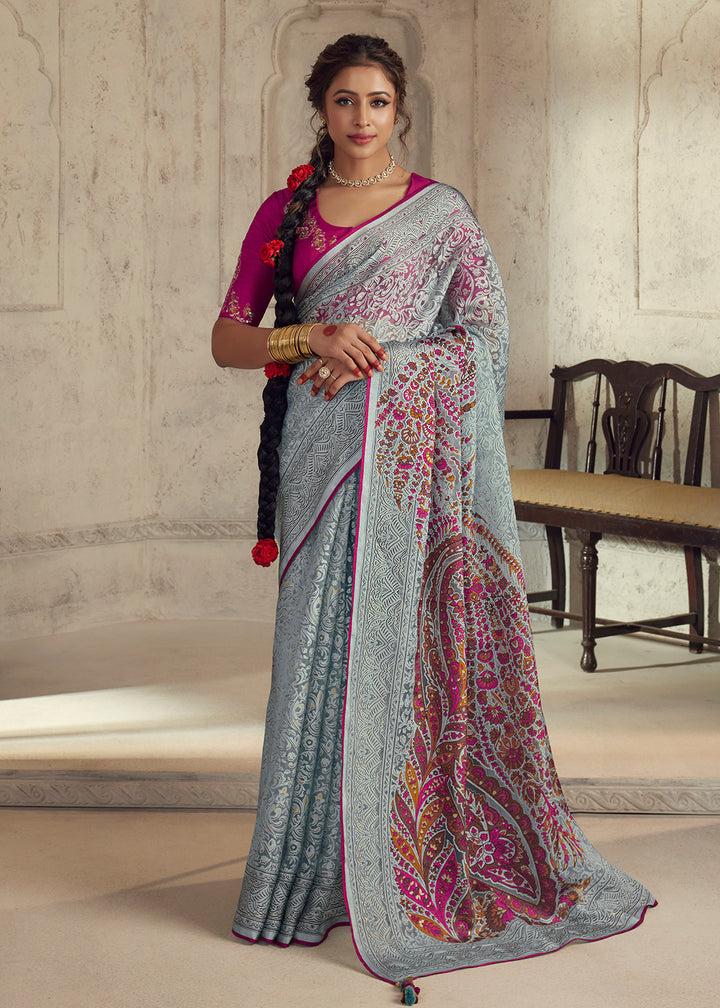 Buy Now Powder Blue Soft Organza Brasso Embroidered Wedding Festive Saree Online in USA, UK, Canada & Worldwide at Empress Clothing.