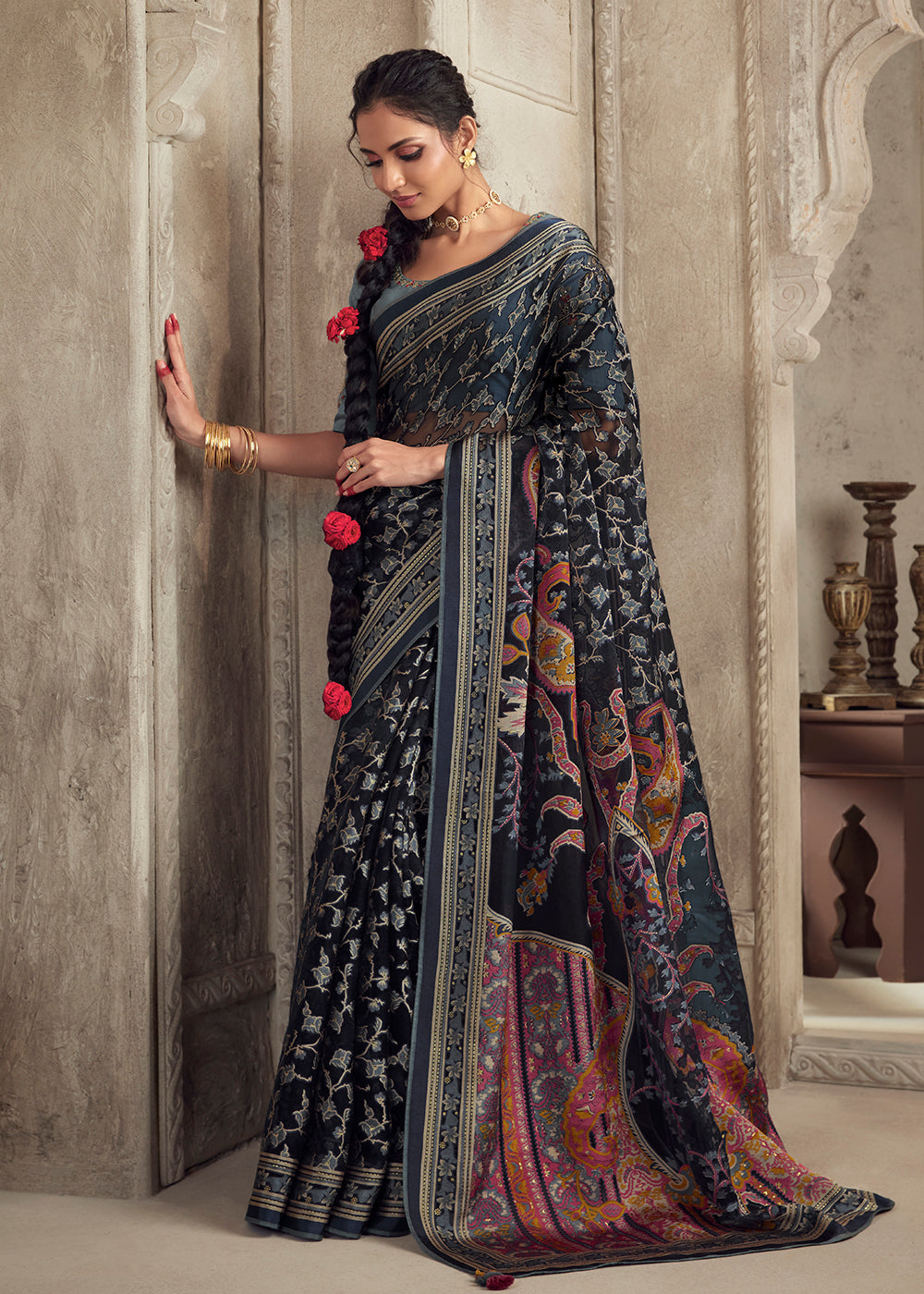 Buy Now Navy Blue Soft Organza Brasso Embroidered Wedding Festive Saree Online in USA, UK, Canada & Worldwide at Empress Clothing.