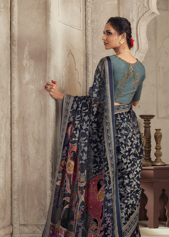 Buy Now Navy Blue Soft Organza Brasso Embroidered Wedding Festive Saree Online in USA, UK, Canada & Worldwide at Empress Clothing.