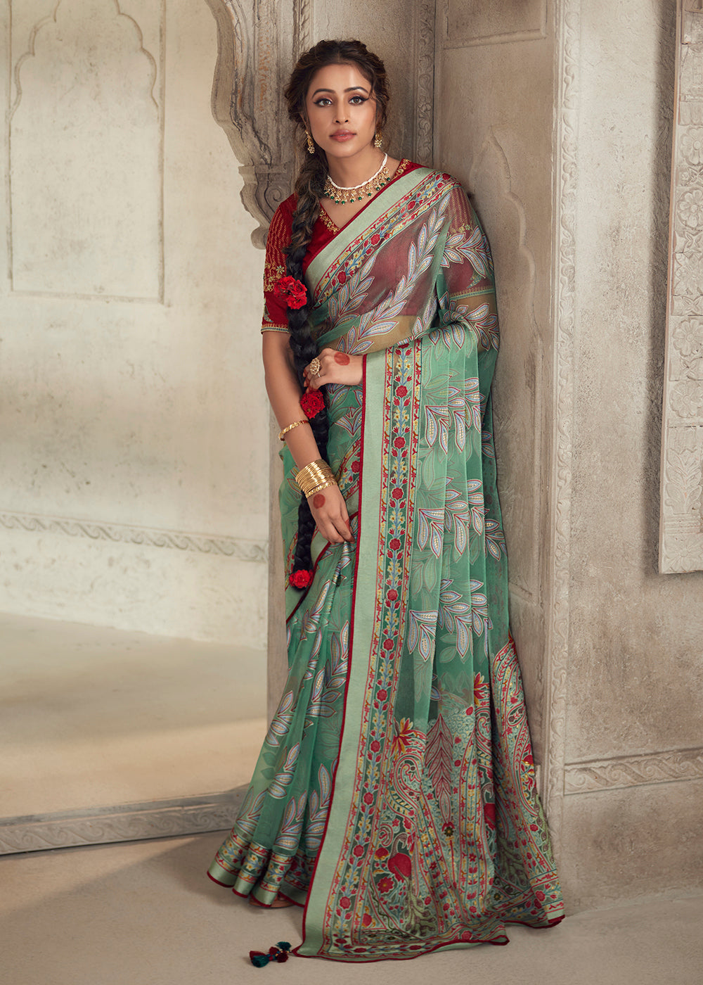 Buy Now Sea Green Soft Organza Brasso Embroidered Wedding Festive Saree Online in USA, UK, Canada & Worldwide at Empress Clothing.
