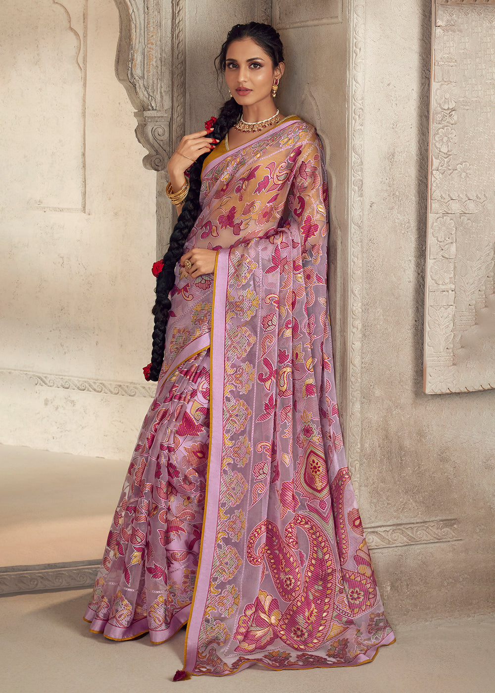 Buy Now Orchid Pink Soft Organza Brasso Embroidered Wedding Festive Saree Online in USA, UK, Canada & Worldwide at Empress Clothing.