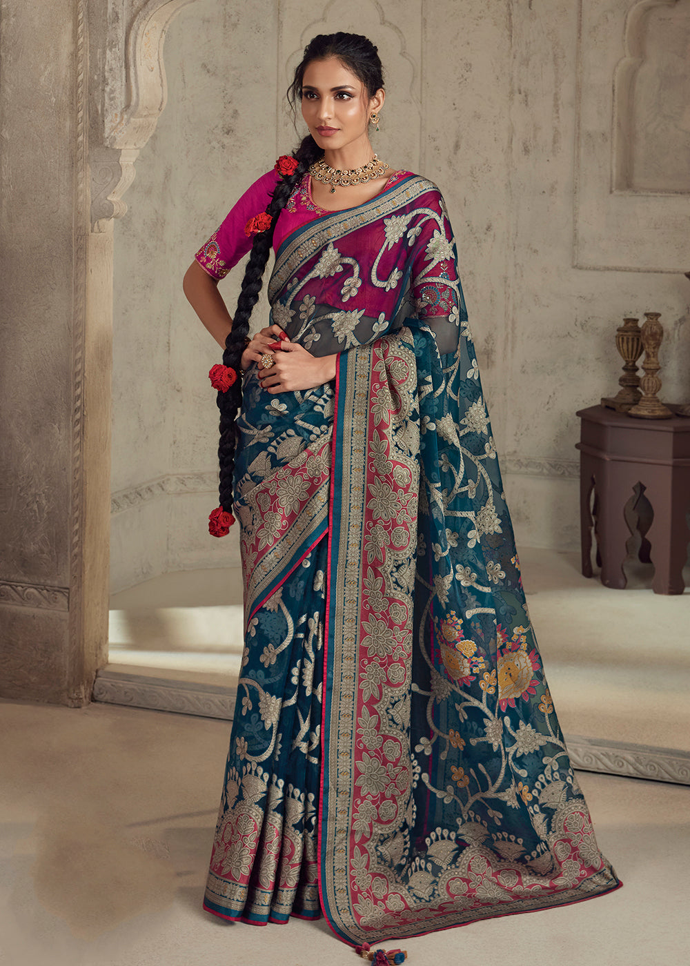 Buy Now Teal Blue Soft Organza Brasso Embroidered Wedding Festive Saree Online in USA, UK, Canada & Worldwide at Empress Clothing. 