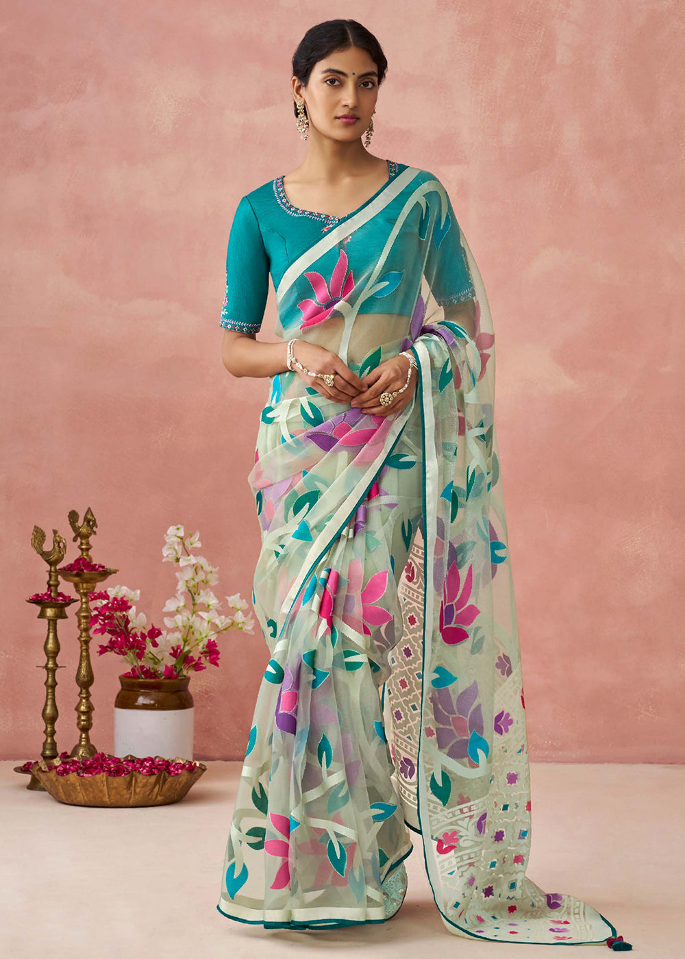 Buy Now Mint Grey Soft Brasso Organza Printed Festive Classic Saree Online in USA, UK, Canada & Worldwide at Empress Clothing. 