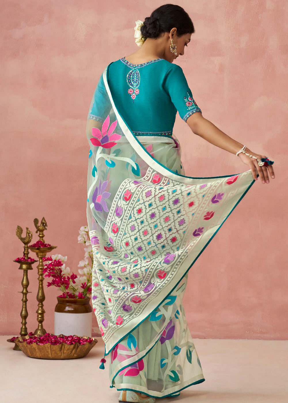 Buy Now Mint Grey Soft Brasso Organza Printed Festive Classic Saree Online in USA, UK, Canada & Worldwide at Empress Clothing. 