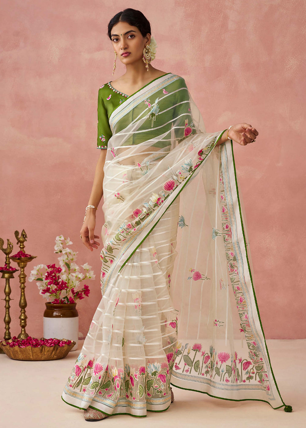 Buy Now Ivory Soft Brasso Organza Printed Festive Classic Saree Online in USA, UK, Canada & Worldwide at Empress Clothing.