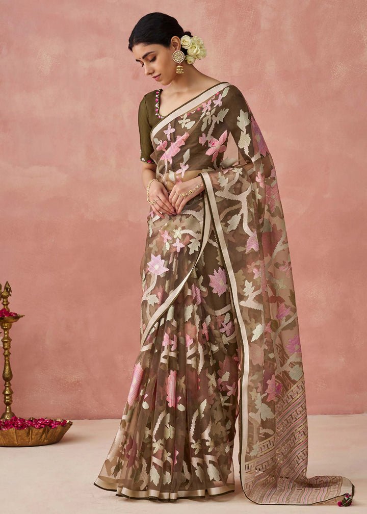 Buy Now Brown Soft Brasso Organza Printed Festive Classic Saree Online in USA, UK, Canada & Worldwide at Empress Clothing. 