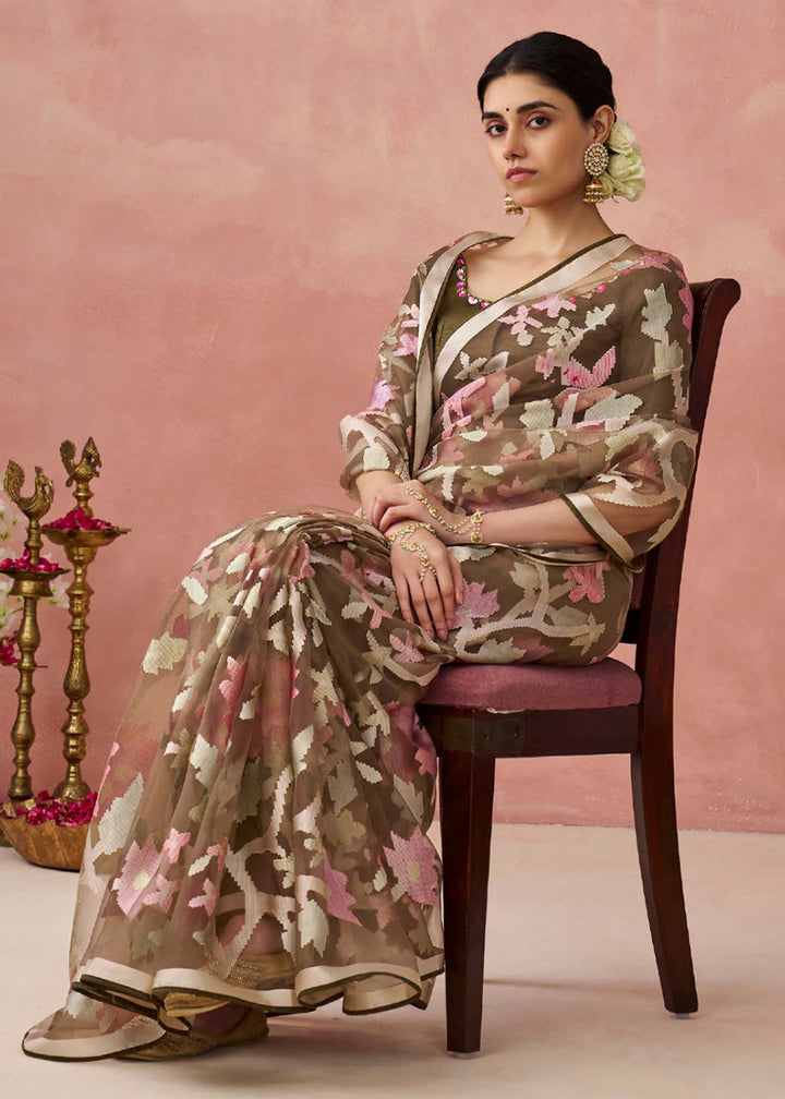 Buy Now Brown Soft Brasso Organza Printed Festive Classic Saree Online in USA, UK, Canada & Worldwide at Empress Clothing. 