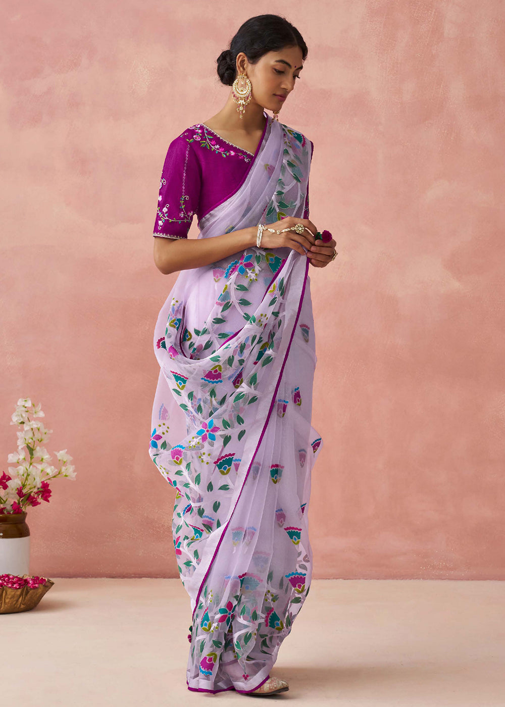 Buy Now Lavender Soft Brasso Organza Printed Festive Classic Saree Online in USA, UK, Canada & Worldwide at Empress Clothing.