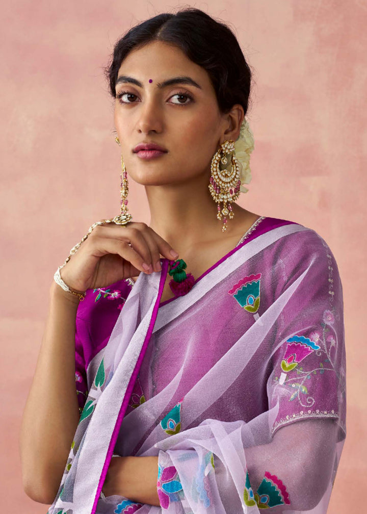 Buy Now Lavender Soft Brasso Organza Printed Festive Classic Saree Online in USA, UK, Canada & Worldwide at Empress Clothing.