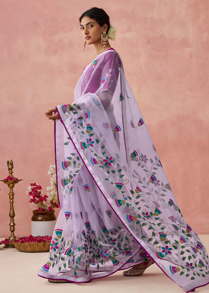 Buy Now Lavender Soft Brasso Organza Printed Festive Classic Saree Online in USA, UK, Canada & Worldwide at Empress Clothing.