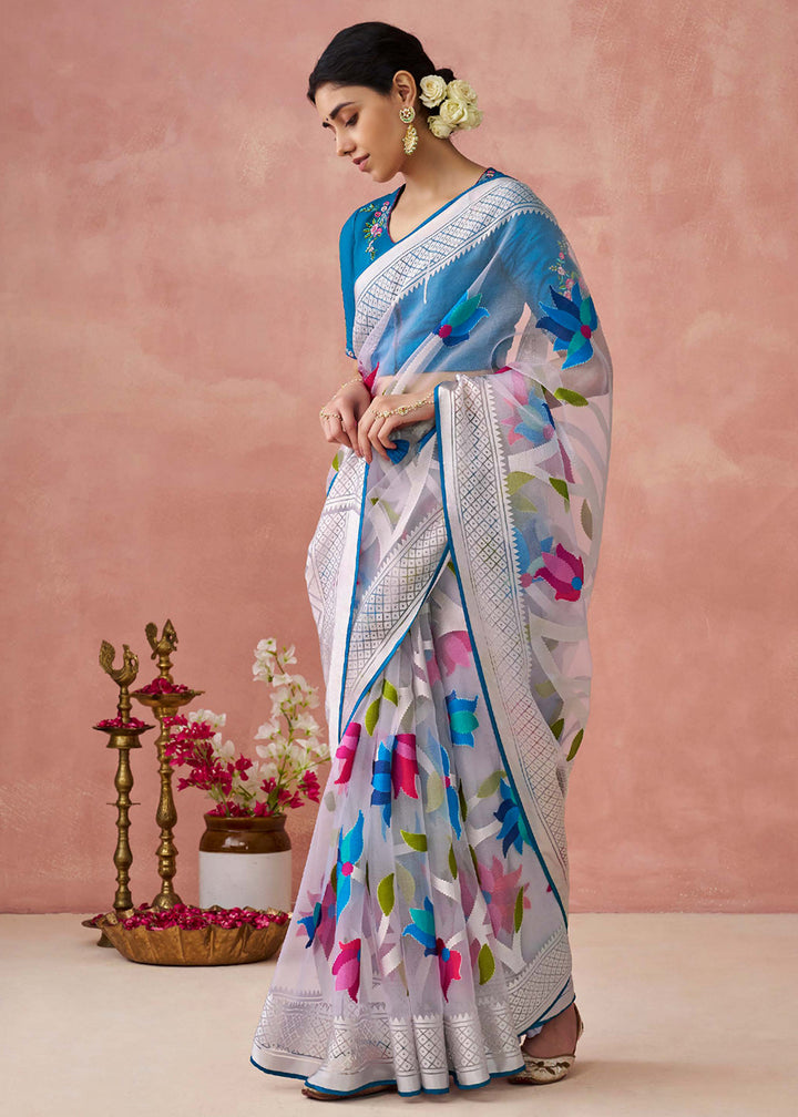 Buy Now White Soft Brasso Organza Printed Festive Classic Saree Online in USA, UK, Canada & Worldwide at Empress Clothing. 