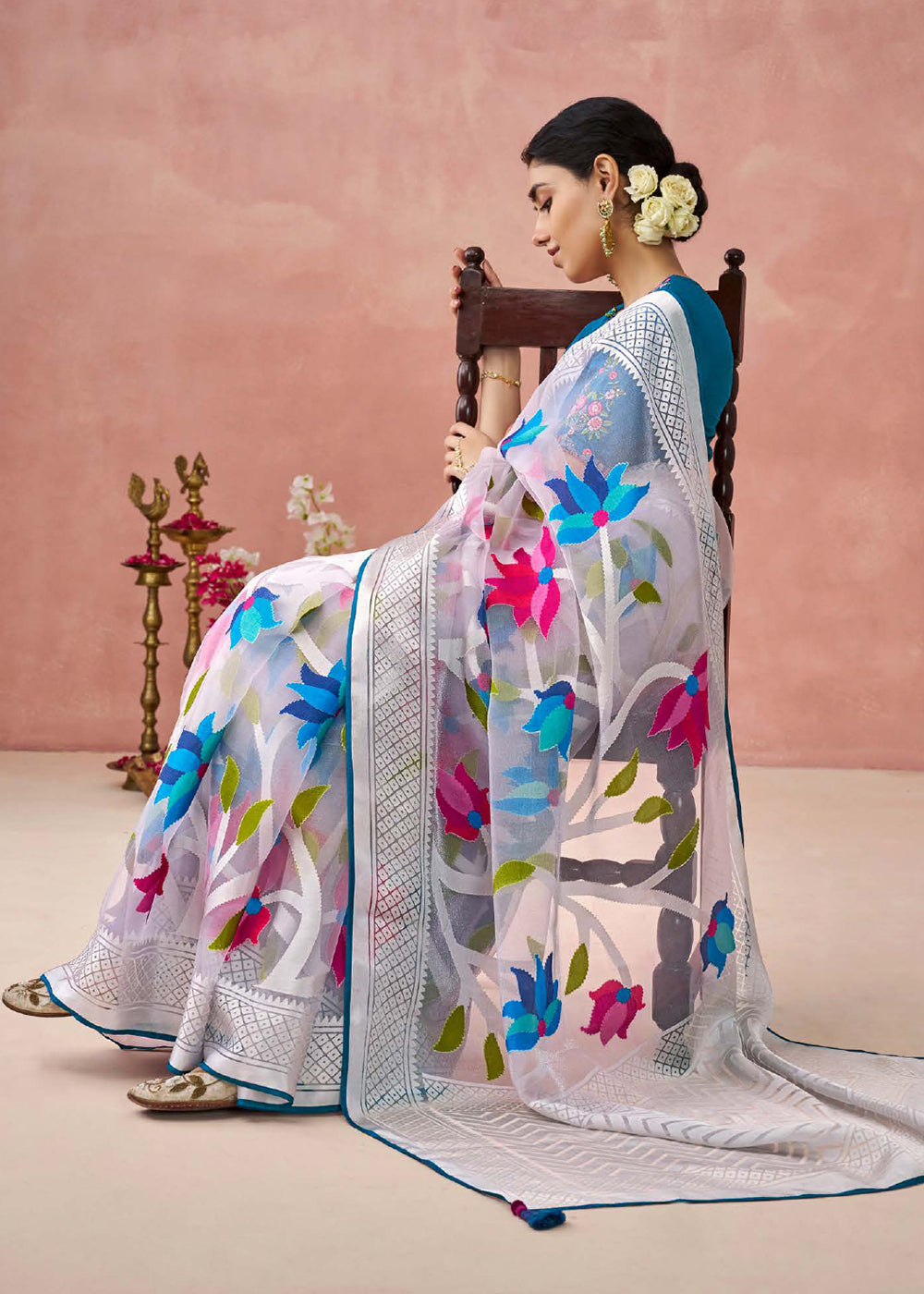 Buy Now White Soft Brasso Organza Printed Festive Classic Saree Online in USA, UK, Canada & Worldwide at Empress Clothing. 