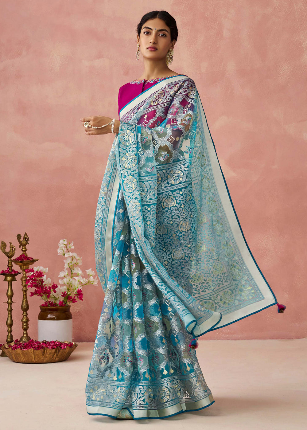 Buy Now Teal Soft Brasso Organza Printed Festive Classic Saree Online in USA, UK, Canada & Worldwide at Empress Clothing.