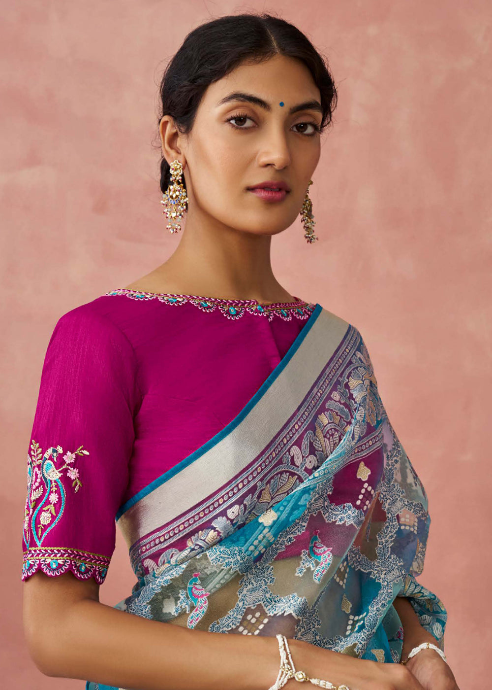 Buy Now Teal Soft Brasso Organza Printed Festive Classic Saree Online in USA, UK, Canada & Worldwide at Empress Clothing.