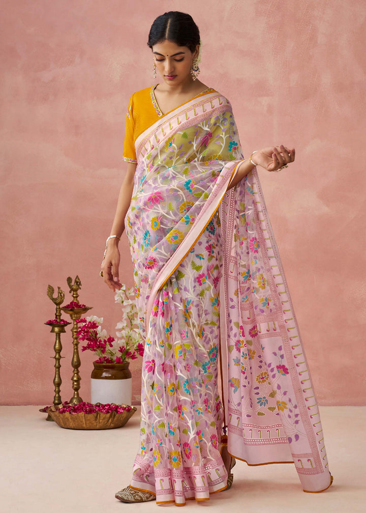 Buy Now Pink Soft Brasso Organza Printed Festive Classic Saree Online in USA, UK, Canada & Worldwide at Empress Clothing.