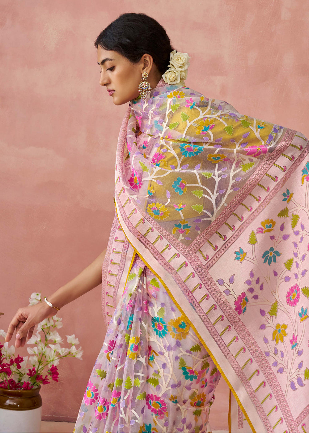 Buy Now Pink Soft Brasso Organza Printed Festive Classic Saree Online in USA, UK, Canada & Worldwide at Empress Clothing.