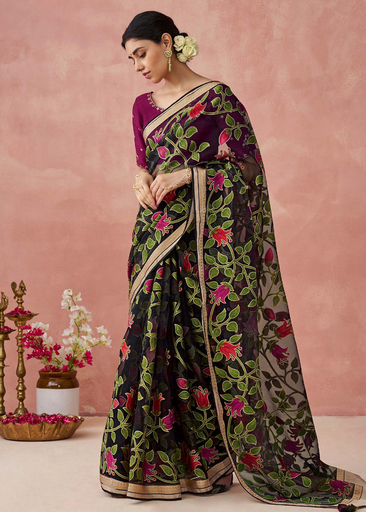 Buy Now Black Soft Brasso Organza Printed Festive Classic Saree Online in USA, UK, Canada & Worldwide at Empress Clothing. 