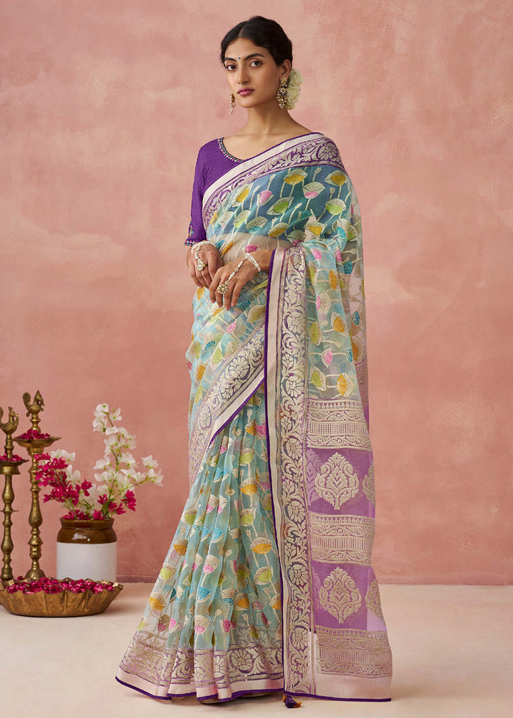 Buy Now Ice Blue Soft Brasso Organza Printed Festive Classic Saree Online in USA, UK, Canada & Worldwide at Empress Clothing. 