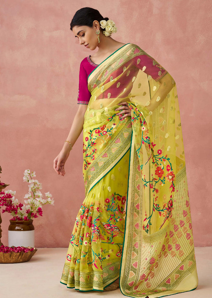 Buy Now Yellow Soft Brasso Organza Printed Festive Classic Saree Online in USA, UK, Canada & Worldwide at Empress Clothing. 