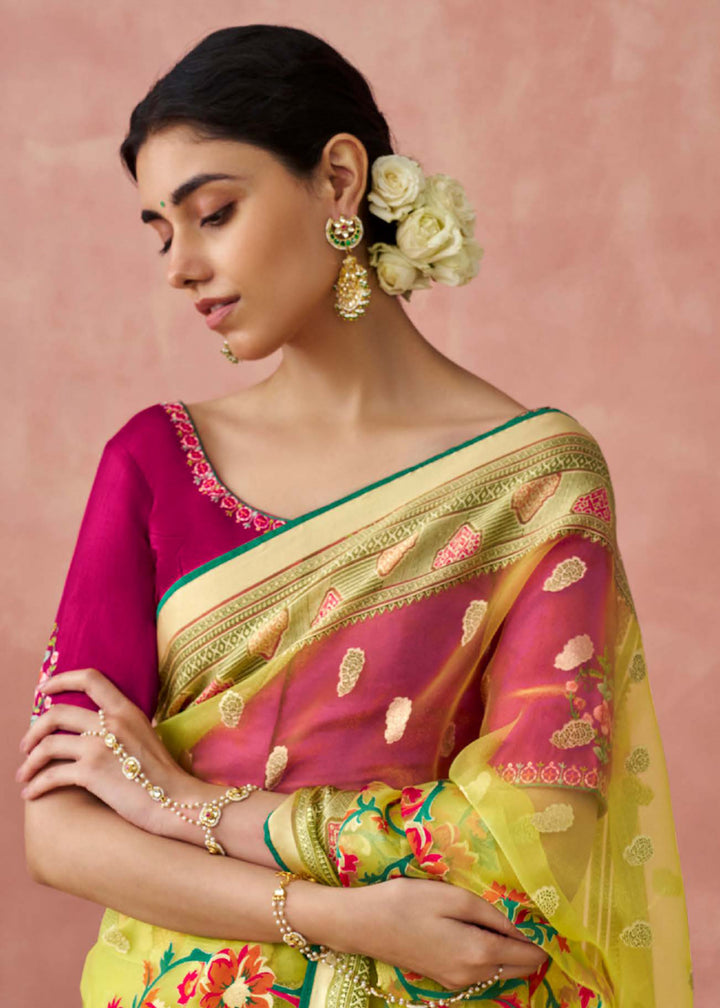 Buy Now Yellow Soft Brasso Organza Printed Festive Classic Saree Online in USA, UK, Canada & Worldwide at Empress Clothing. 