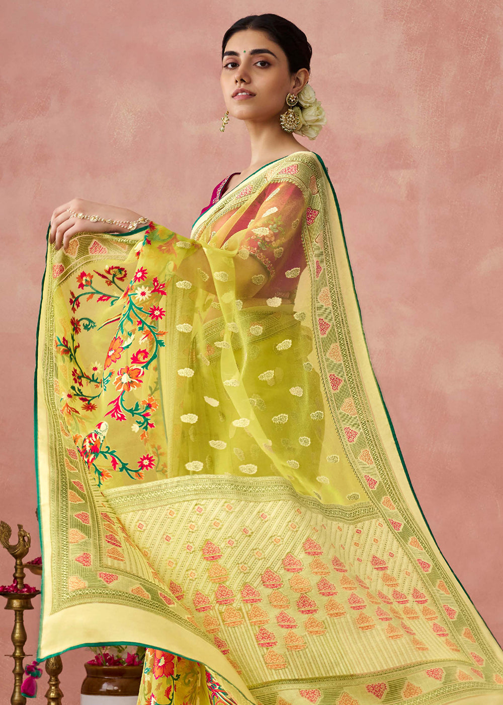 Buy Now Yellow Soft Brasso Organza Printed Festive Classic Saree Online in USA, UK, Canada & Worldwide at Empress Clothing. 