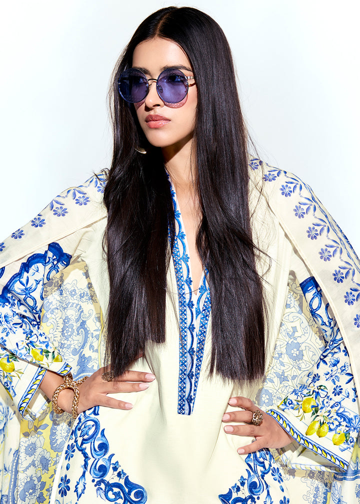 Buy Now Off White Linen Printed & Embroidered Pant Style Suit Online in USA, UK, Canada, Germany, Italy, France, Australia, UAE & Worldwide at Empress Clothing.