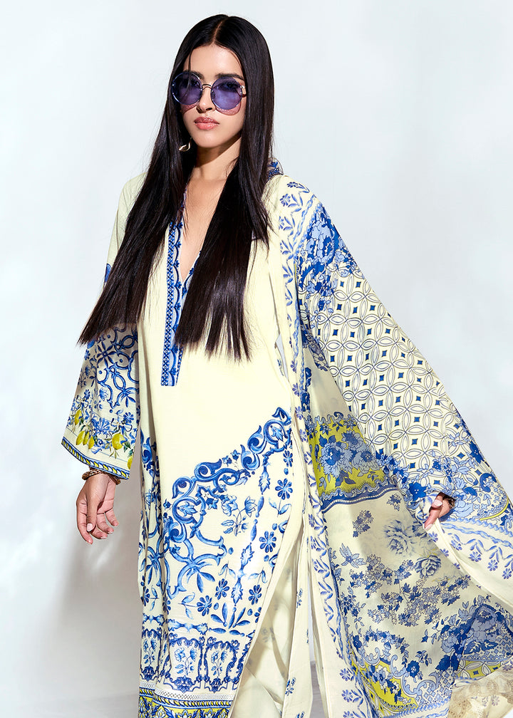 Buy Now Off White Linen Printed & Embroidered Pant Style Suit Online in USA, UK, Canada, Germany, Italy, France, Australia, UAE & Worldwide at Empress Clothing.