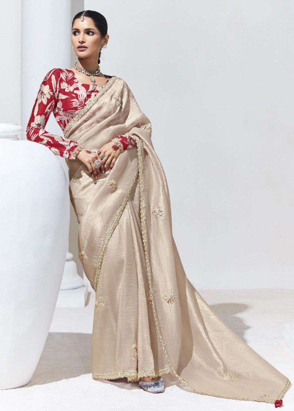 Buy Now Stunning Beige Organza Embroidered Party Wear Saree Online in USA, UK, Canada & Worldwide at Empress Clothing.