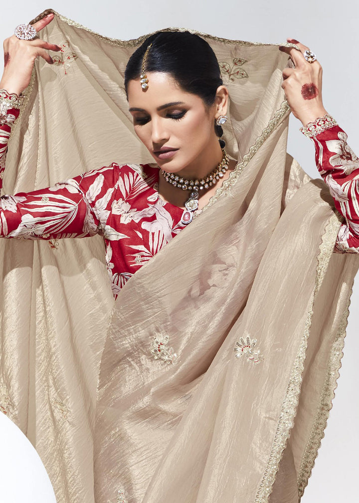 Buy Now Stunning Beige Organza Embroidered Party Wear Saree Online in USA, UK, Canada & Worldwide at Empress Clothing.