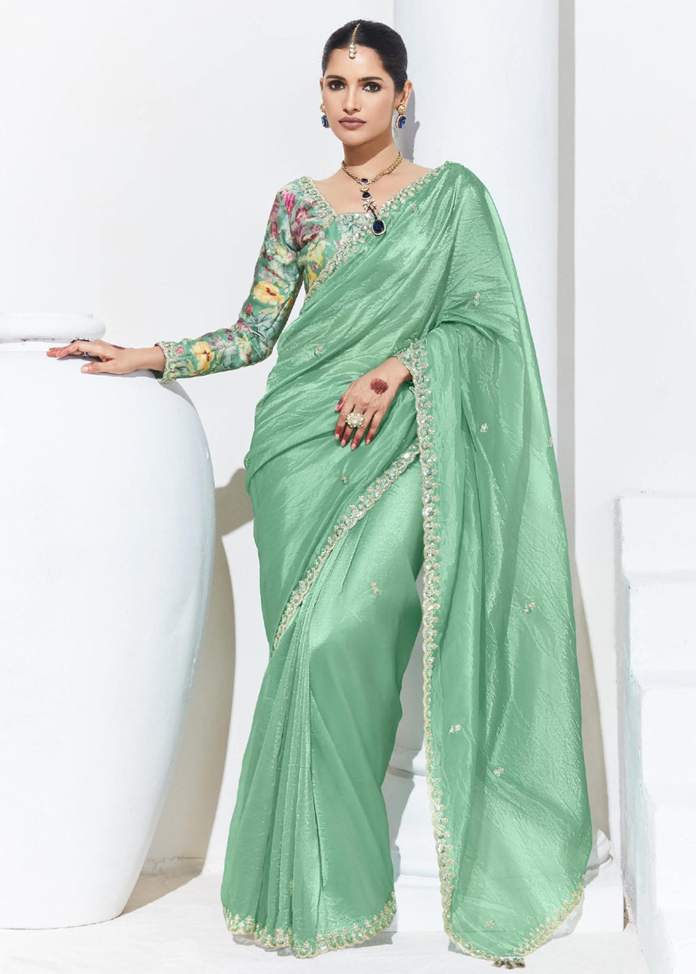 Buy Now Stunning Green Organza Embroidered Party Wear Saree Online in USA, UK, Canada & Worldwide at Empress Clothing.