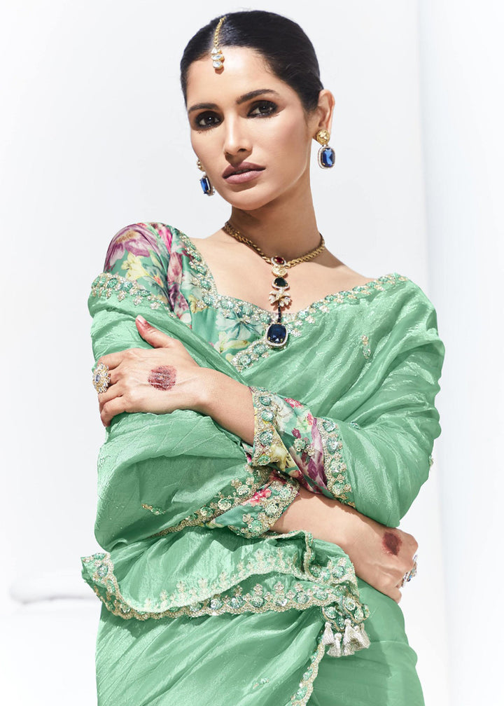 Buy Now Stunning Green Organza Embroidered Party Wear Saree Online in USA, UK, Canada & Worldwide at Empress Clothing.