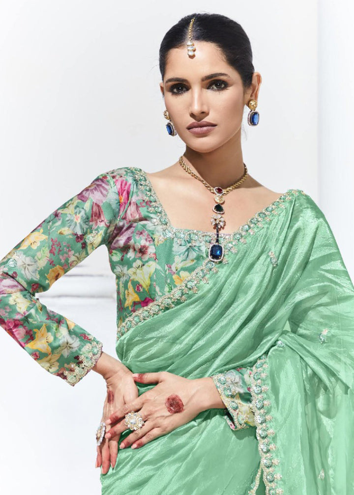 Buy Now Stunning Green Organza Embroidered Party Wear Saree Online in USA, UK, Canada & Worldwide at Empress Clothing.