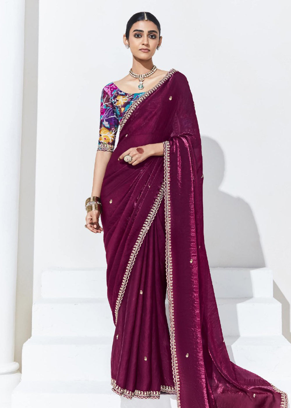 Buy Now Stunning Maroon Organza Embroidered Party Wear Saree Online in USA, UK, Canada & Worldwide at Empress Clothing.