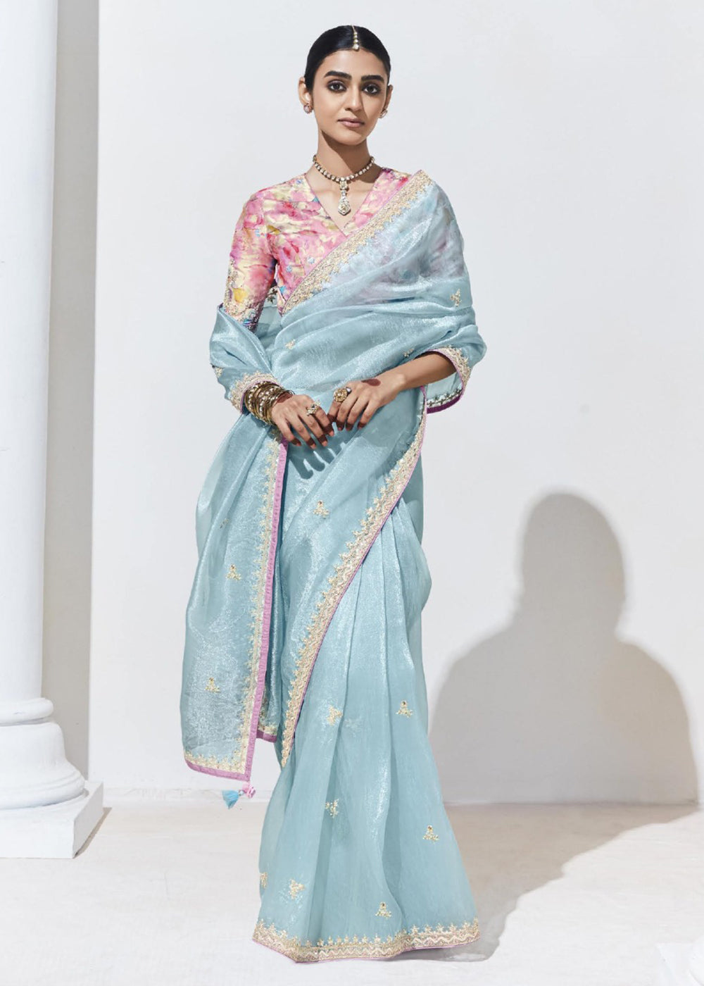 Buy Now Stunning Sky Blue Organza Embroidered Party Wear Saree Online in USA, UK, Canada & Worldwide at Empress Clothing. 