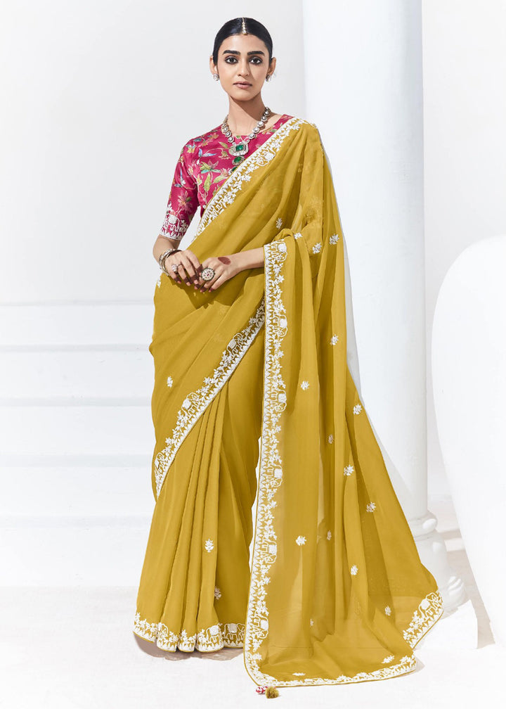 Buy Now Stunning Mustard Organza Embroidered Party Wear Saree Online in USA, UK, Canada & Worldwide at Empress Clothing. 