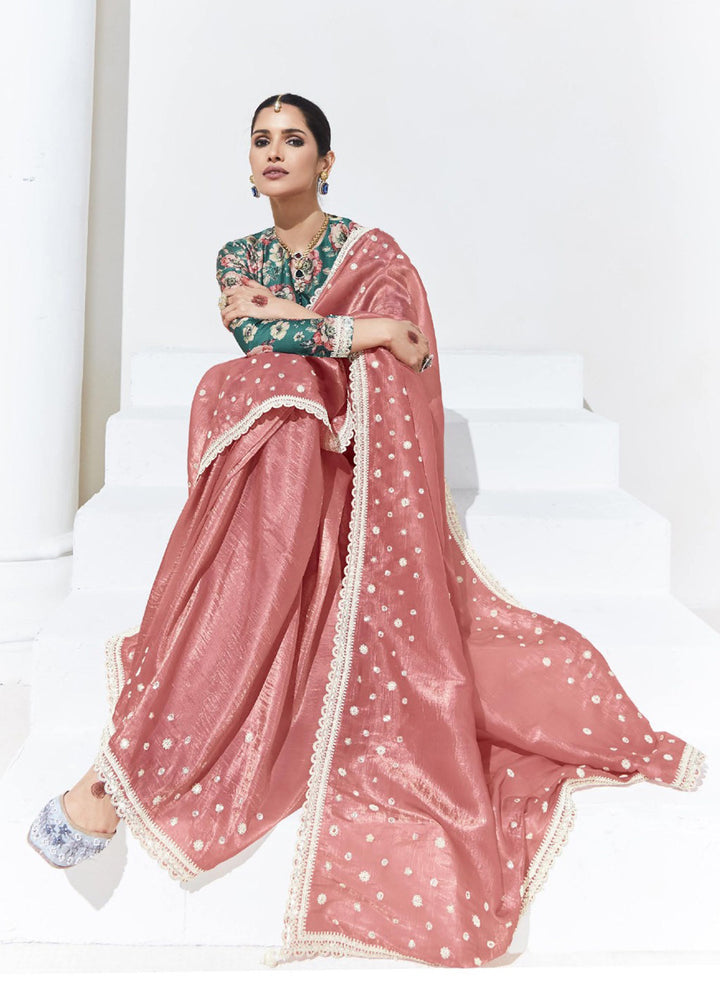 Buy Now Stunning Peach Organza Embroidered Party Wear Saree Online in USA, UK, Canada & Worldwide at Empress Clothing. 