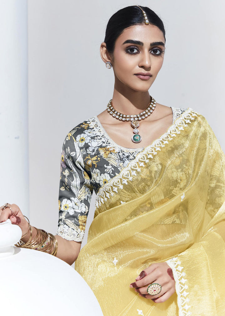 Buy Now Stunning Yellow Organza Embroidered Party Wear Saree Online in USA, UK, Canada & Worldwide at Empress Clothing. 