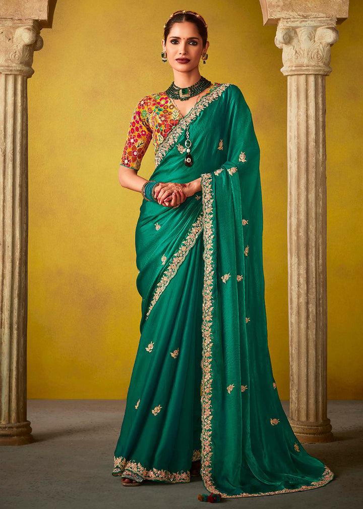 Buy Now Tempting Green & Yellow Fancy Silk Festive Wear Saree Online in Canada, UK, France, Germany, UAE, USA & Worldwide at Empress Clothing.