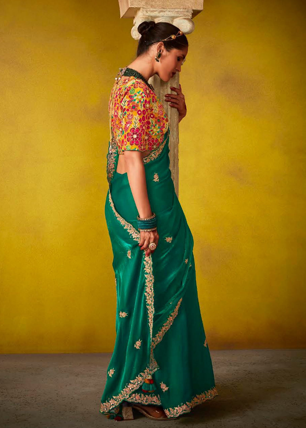 Buy Now Tempting Green & Yellow Fancy Silk Festive Wear Saree Online in Canada, UK, France, Germany, UAE, USA & Worldwide at Empress Clothing.