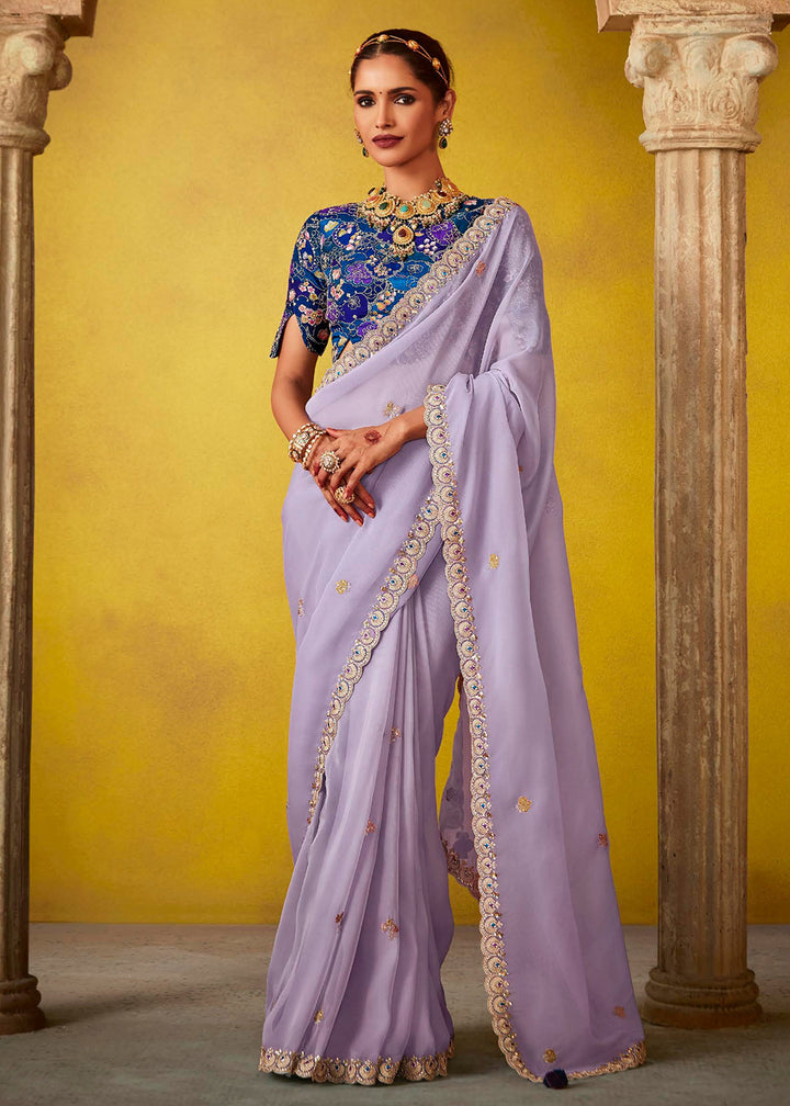 Buy Now Tempting Lavender & Blue Fancy Silk Festive Wear Saree Online in Canada, UK, France, Germany, UAE, USA & Worldwide at Empress Clothing.