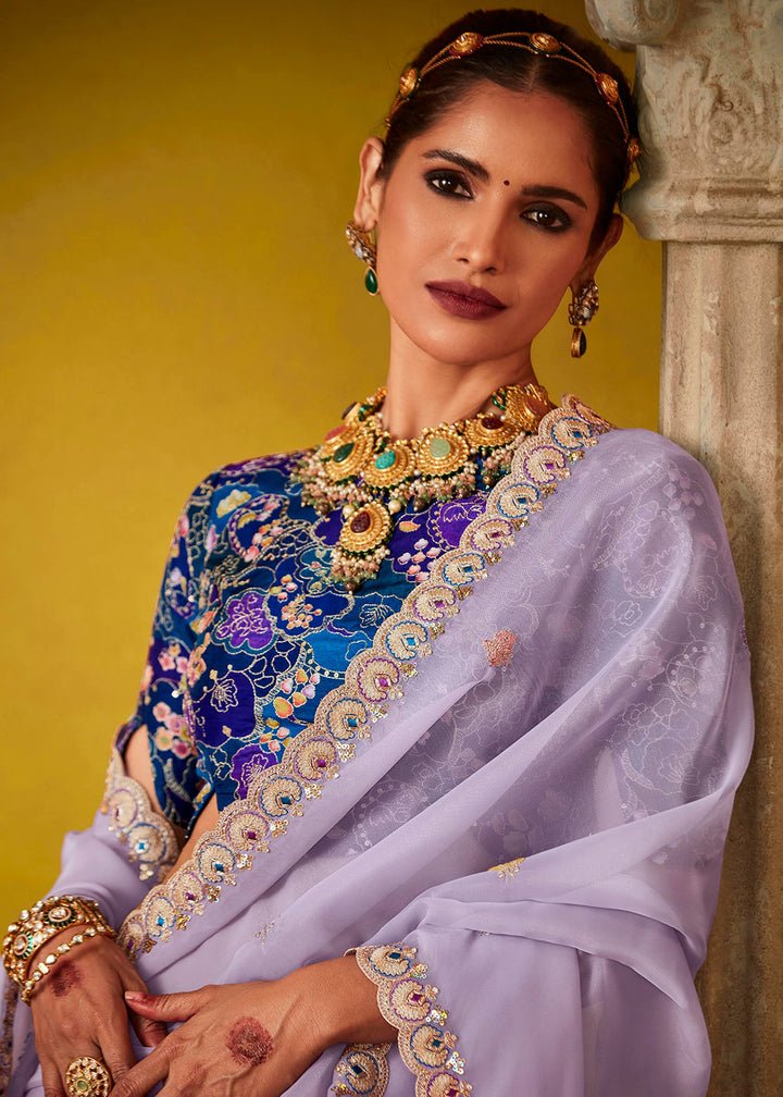 Buy Now Tempting Lavender & Blue Fancy Silk Festive Wear Saree Online in Canada, UK, France, Germany, UAE, USA & Worldwide at Empress Clothing.