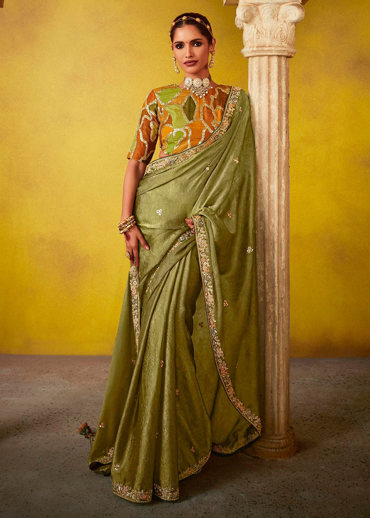 Buy Now Tempting Green & Mustard Fancy Silk Festive Wear Saree Online in Canada, UK, France, Germany, UAE, USA & Worldwide at Empress Clothing.