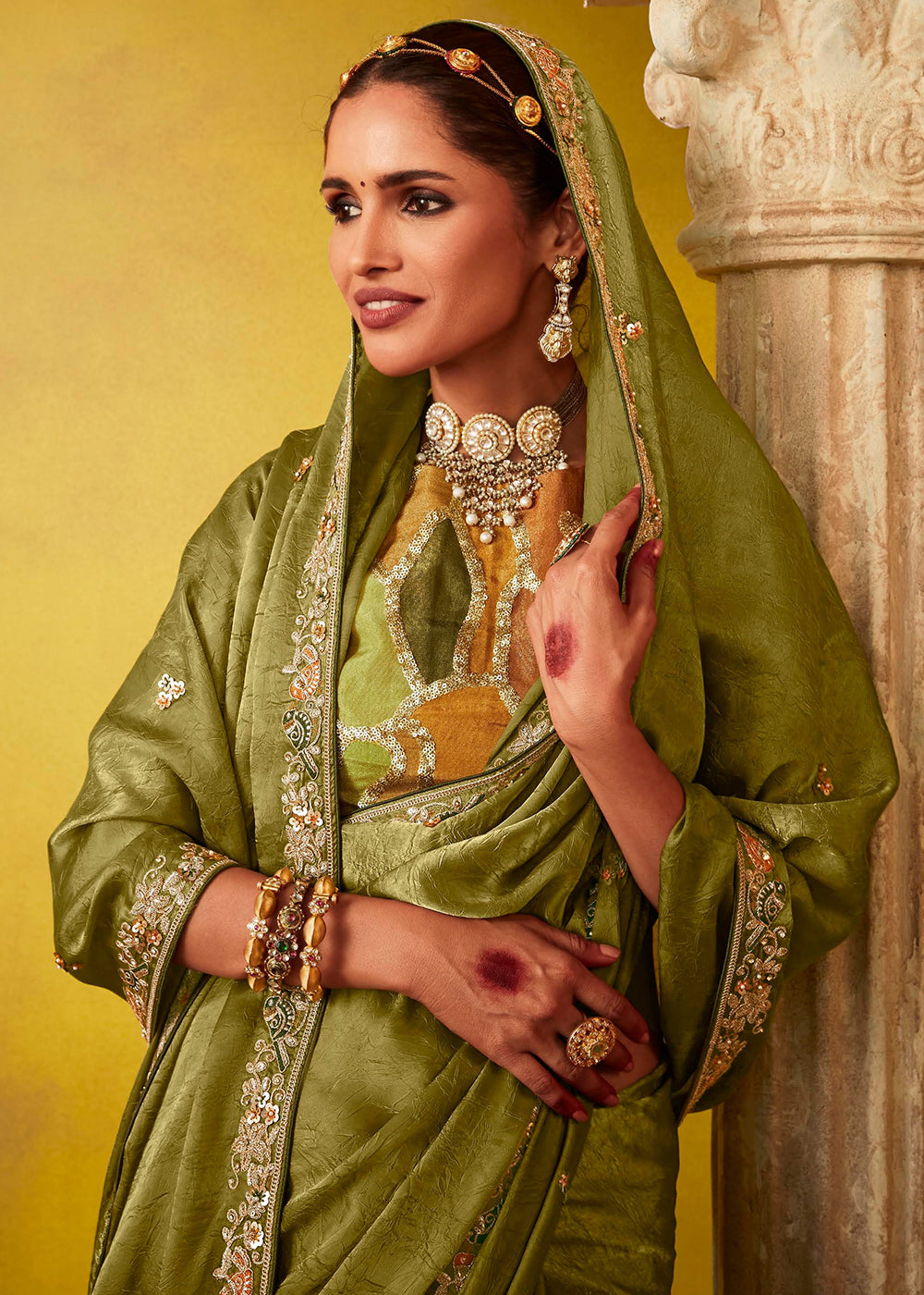 Buy Now Tempting Green & Mustard Fancy Silk Festive Wear Saree Online in Canada, UK, France, Germany, UAE, USA & Worldwide at Empress Clothing.