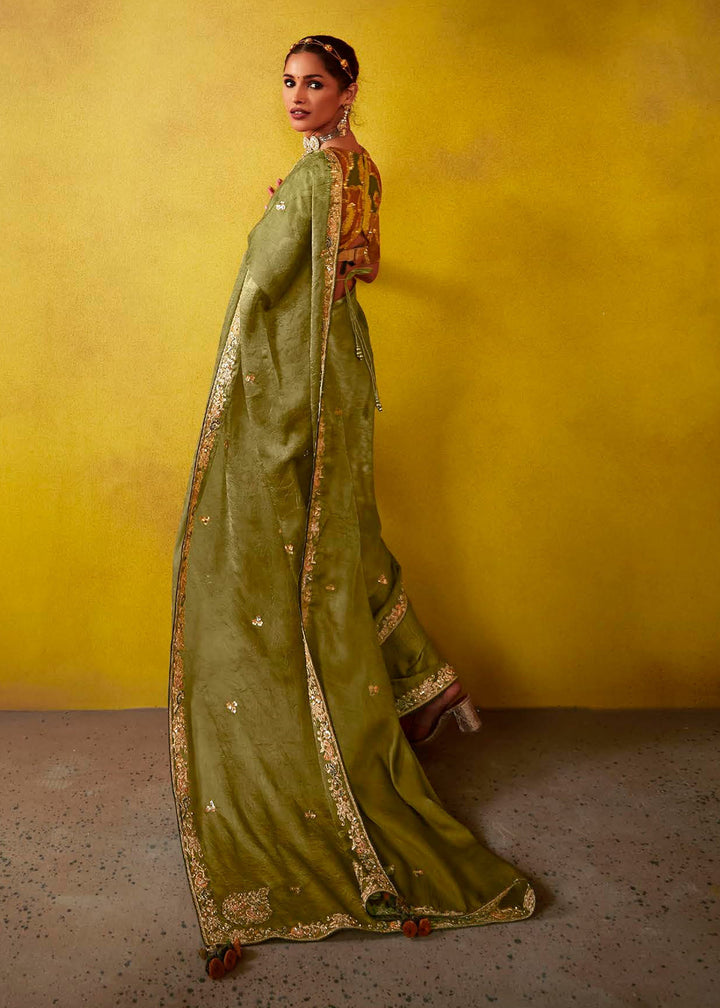 Buy Now Tempting Green & Mustard Fancy Silk Festive Wear Saree Online in Canada, UK, France, Germany, UAE, USA & Worldwide at Empress Clothing.