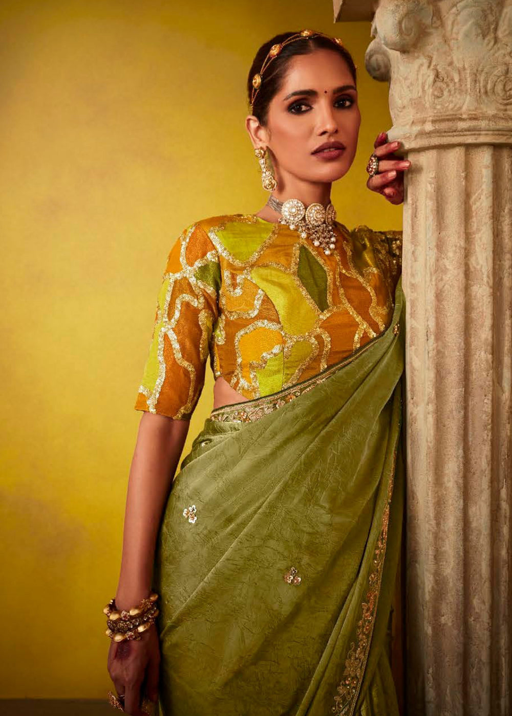 Buy Now Tempting Green & Mustard Fancy Silk Festive Wear Saree Online in Canada, UK, France, Germany, UAE, USA & Worldwide at Empress Clothing.